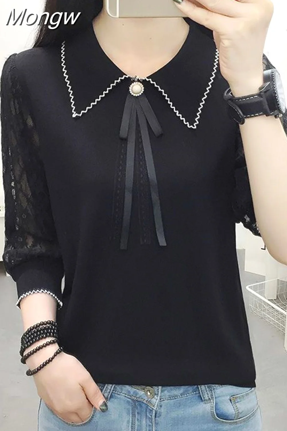 Mongw Peter Pan Collar Beading Lace Up Bow Lace Blouse Women's Clothing 2023 Autumn New Oversized Casual Pullovers Commute Shirt