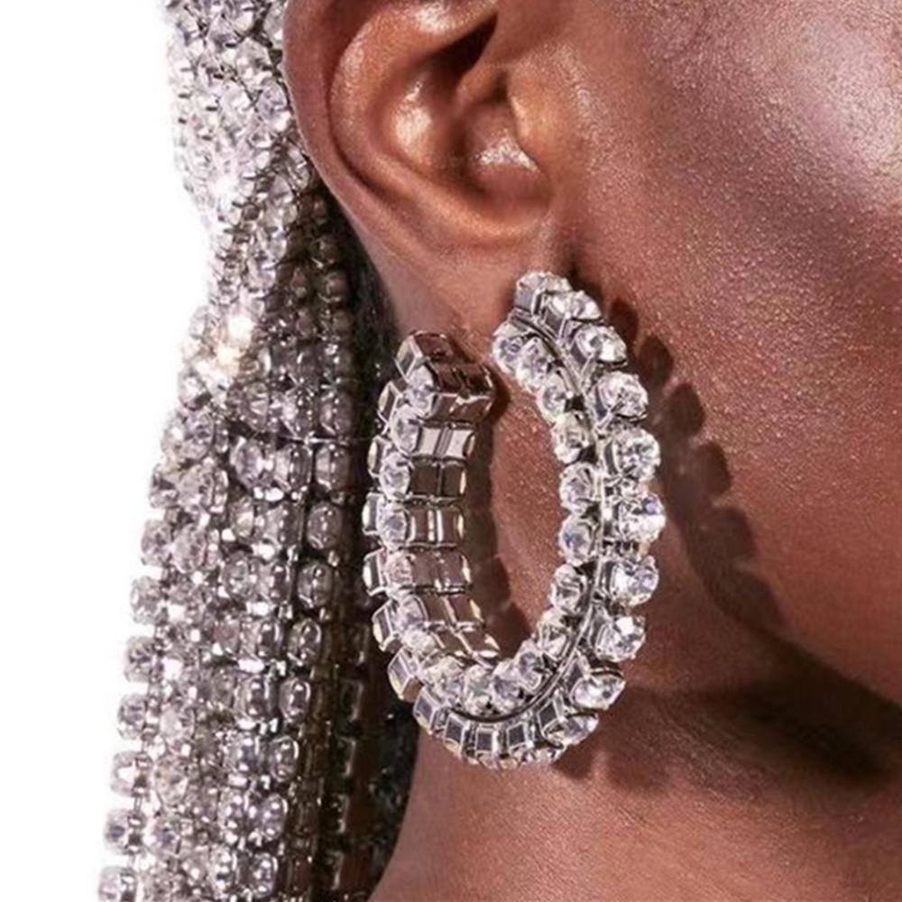 Shiny Rhinestone Big Hoop Earrings Iced Out Jewelry for Women-VESSFUL