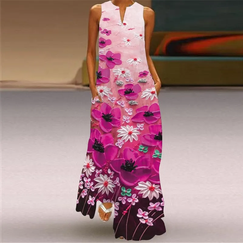 Bohemian Printed Sleeveless Maxi Dress Women Casual V-neck Robe Dresses Female Plus Size Beach Holiday Dress