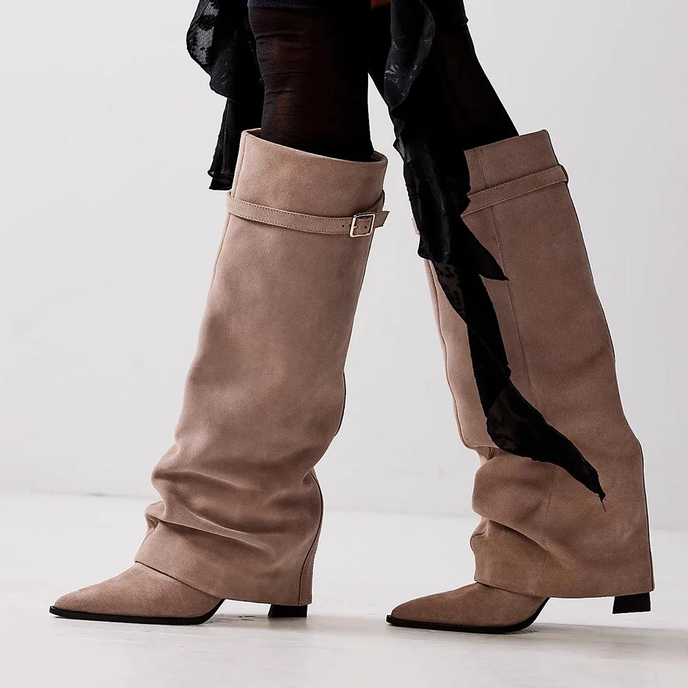 Khaki Faux Suede Pointed Toe Fold Over Knee High Boots With Chunky Heels Nicepairs