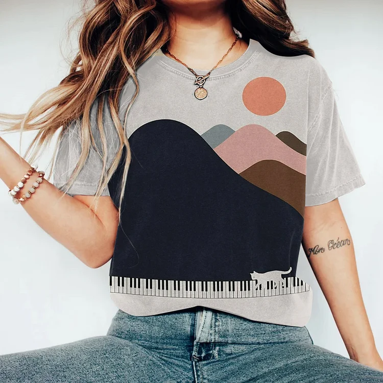 Abstract Cat Piano Landscape Painting Art T-Shirt