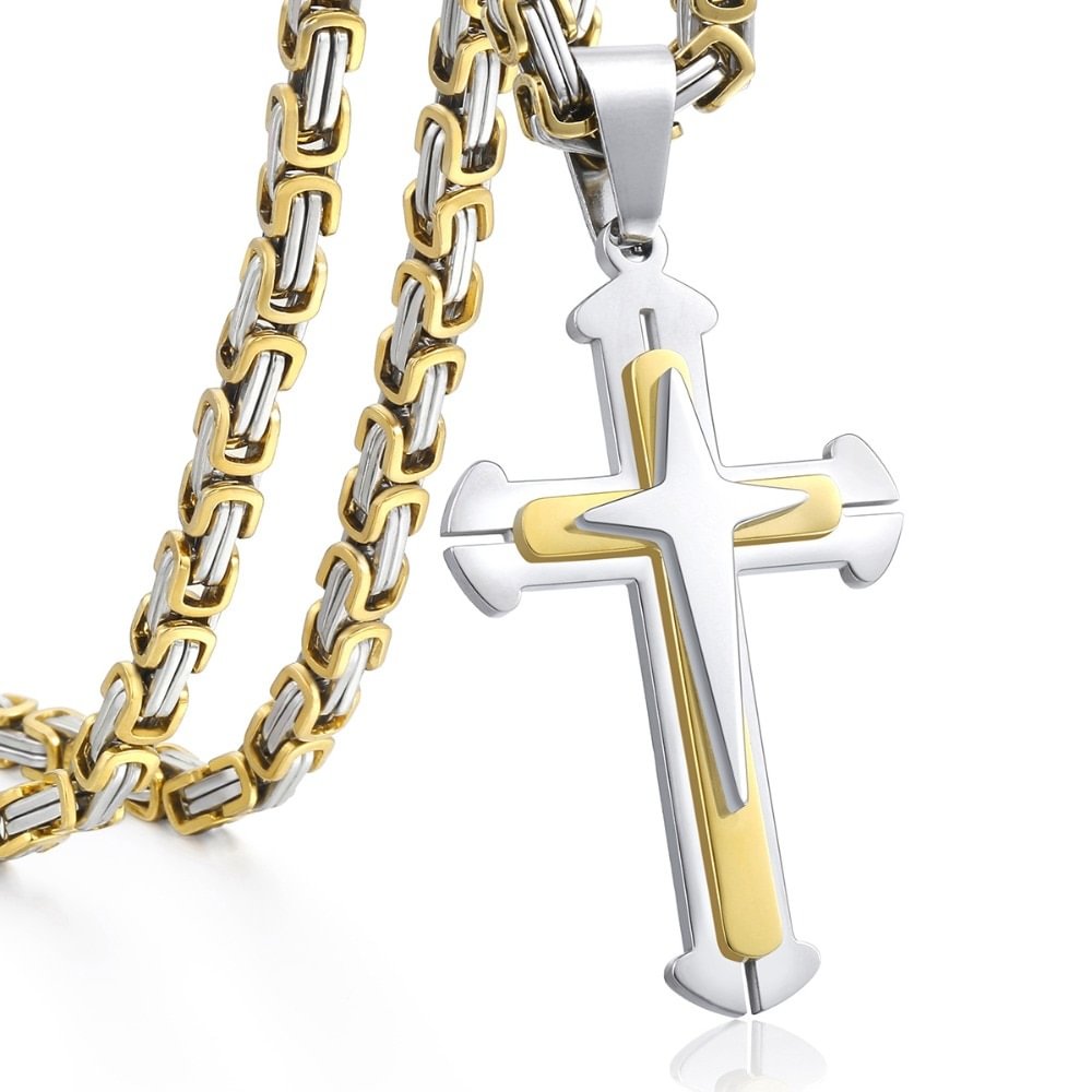 Gold Black Cross Pendant With Byzantine Chain-VESSFUL