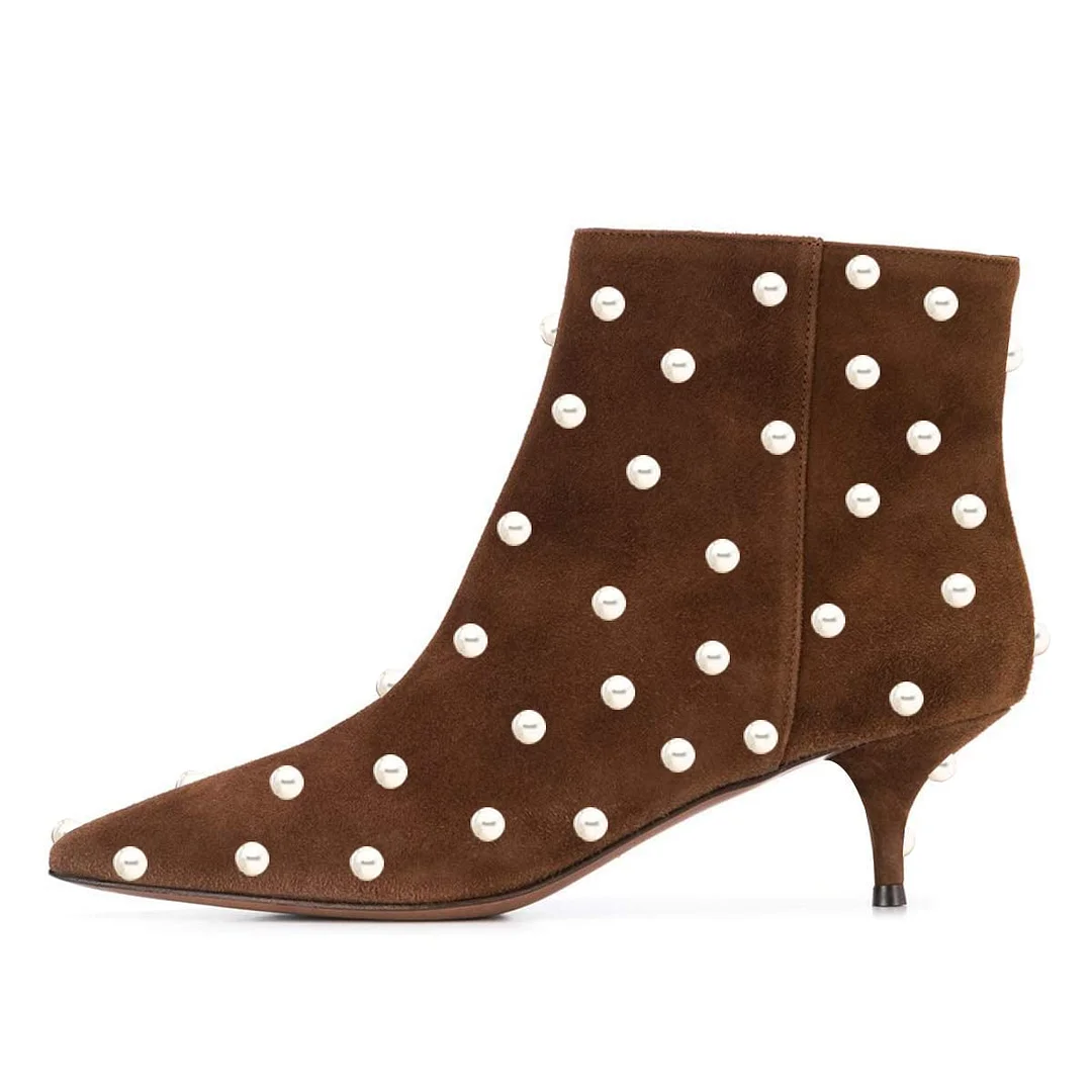 Brown Vegan Suede Pointed Toe Pearl Decor Kitten Heel Ankle Boots