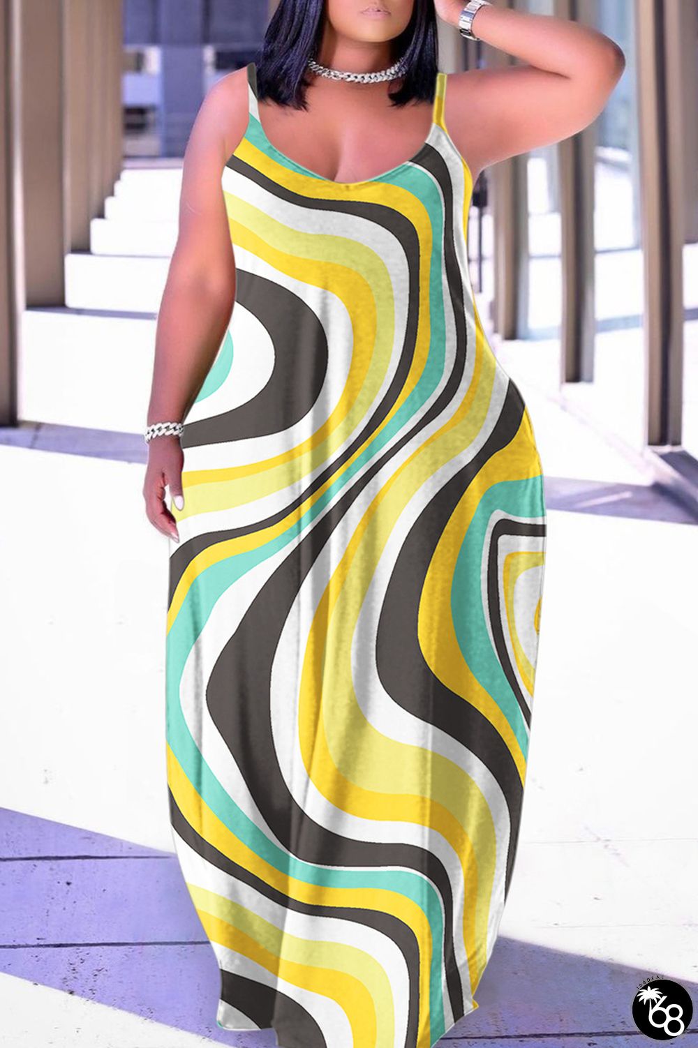 Yellow Grey Sexy Casual Print Backless Spaghetti Strap Long Dress Dresses | 168DEAL