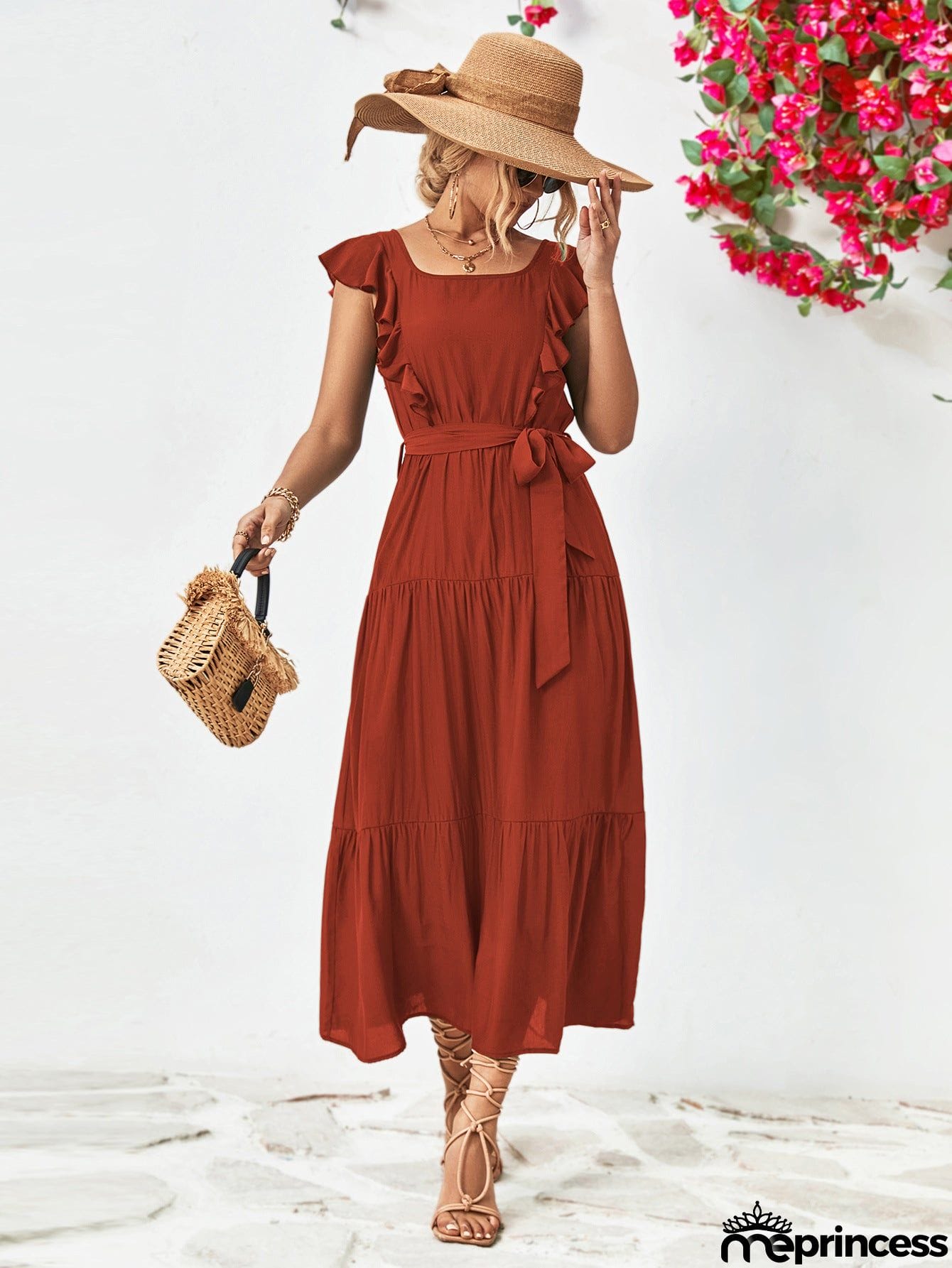 Tie Belt Ruffled Tiered Dress