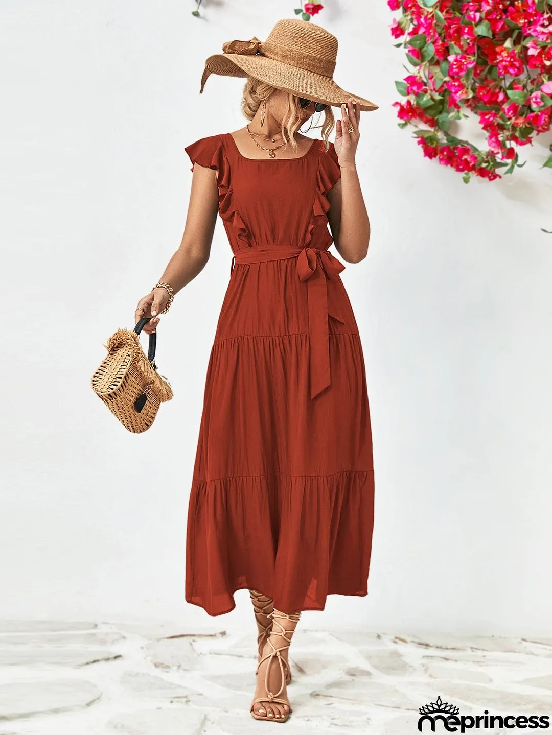 Tie Belt Ruffled Tiered Dress