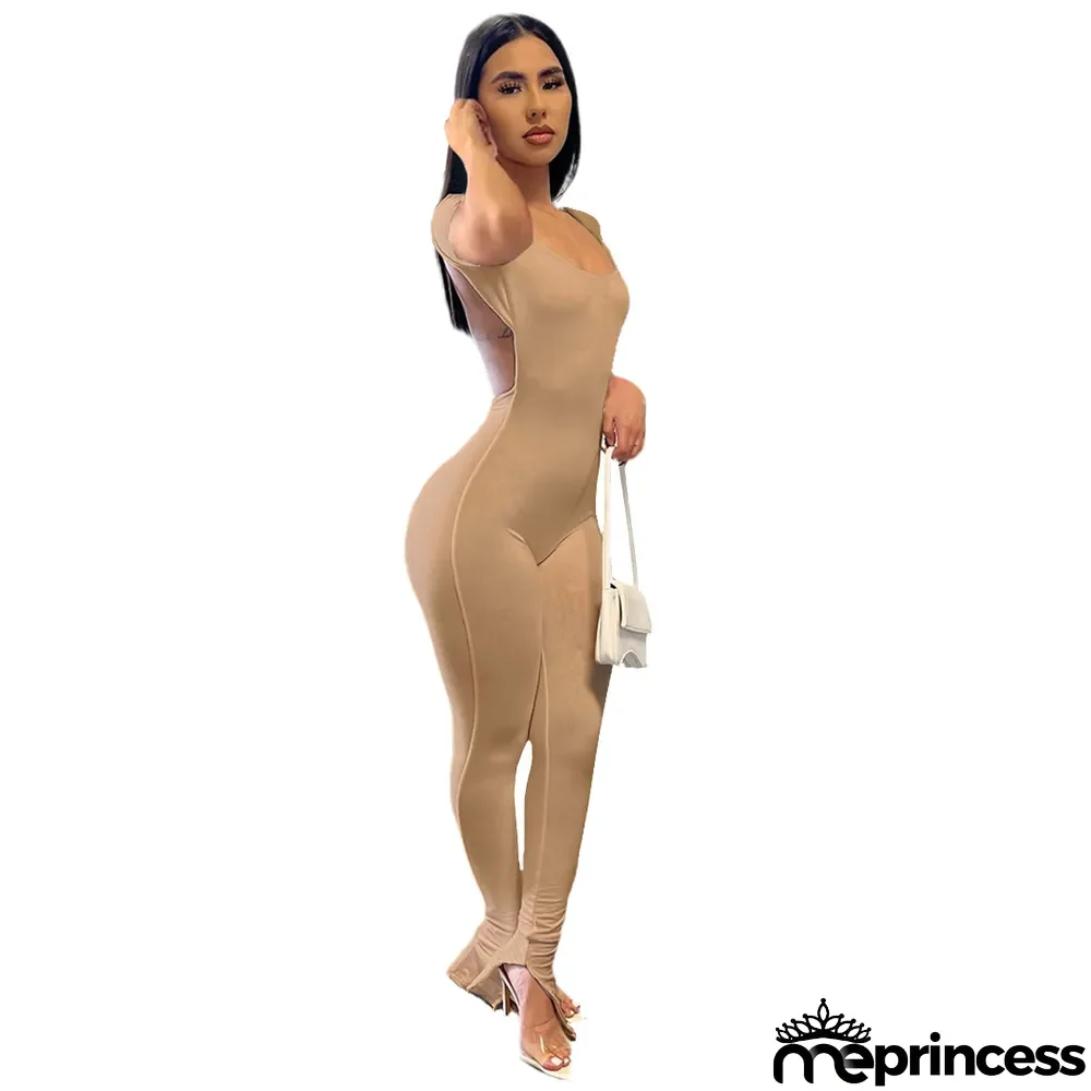 Women Sexy Solid Backless Split Flared Jumpsuit