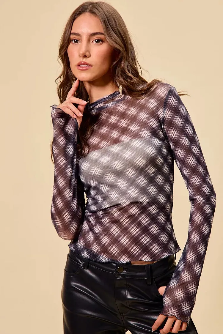 SO ME Plaid Mesh Knit Long Sleeve Top with Thumb Opening