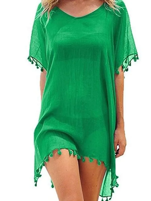 Ladies Swimwear Cover Up Ruffle Tassel Solid Color Beach Dress Swimsuit