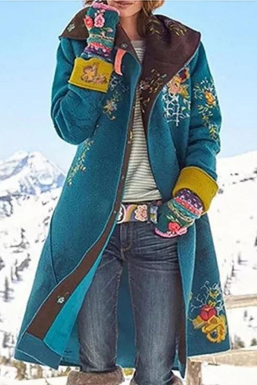 Fashion Warm Wool Vintage Print Hooded Lapel Fleece Casual Coats