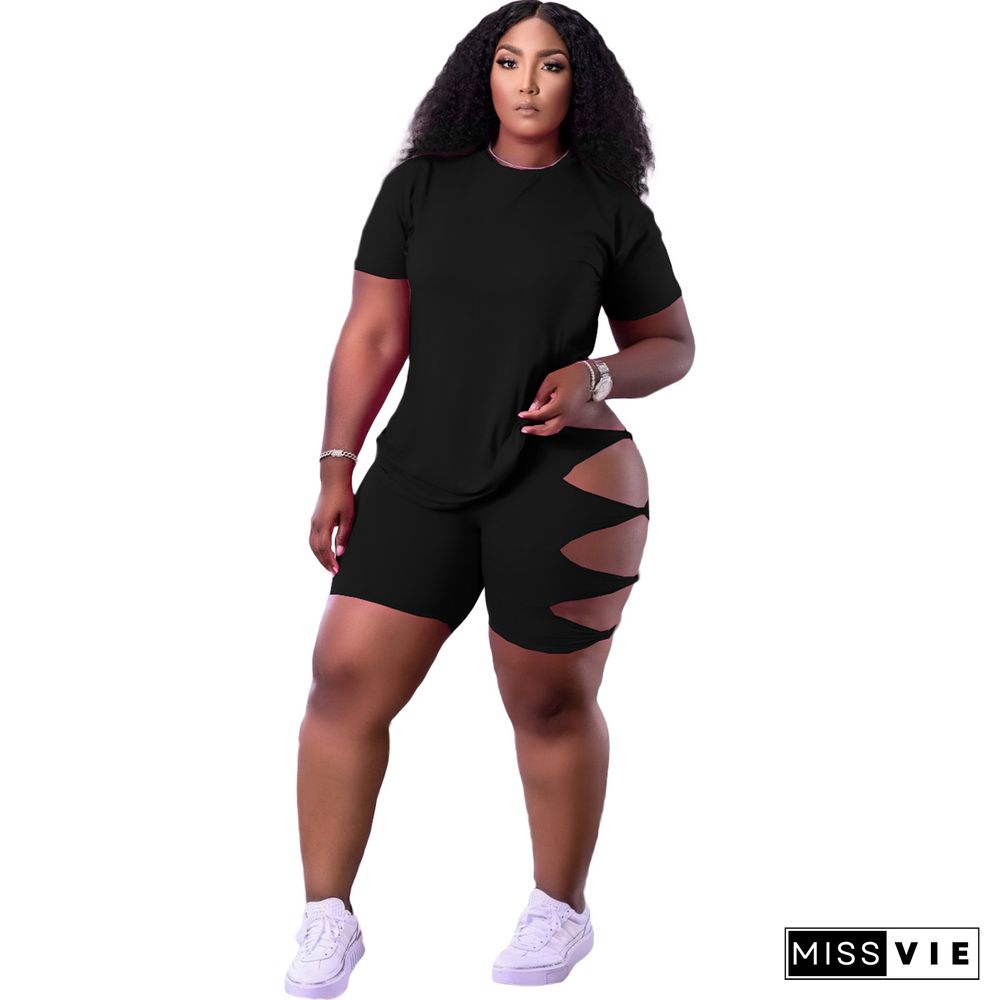 Fashing Solid Women Clothing Round Neck Short Sleeve T Shirt Bodycon Hole Biker Shorts Two Piece Outfit