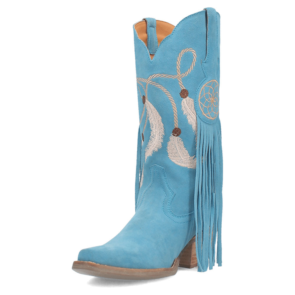 Blue Snip Toe Embroidered Mid-Calf Fringe Western Boots for Women