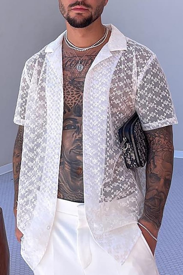 Men's Lace Solid Color Lapel Short-Sleeved Casual Shirt Top