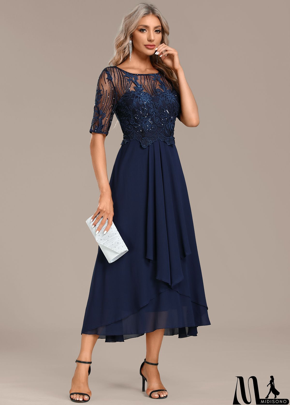 MidiSono - Navy Lace Short Sleeve Round Neck Dress