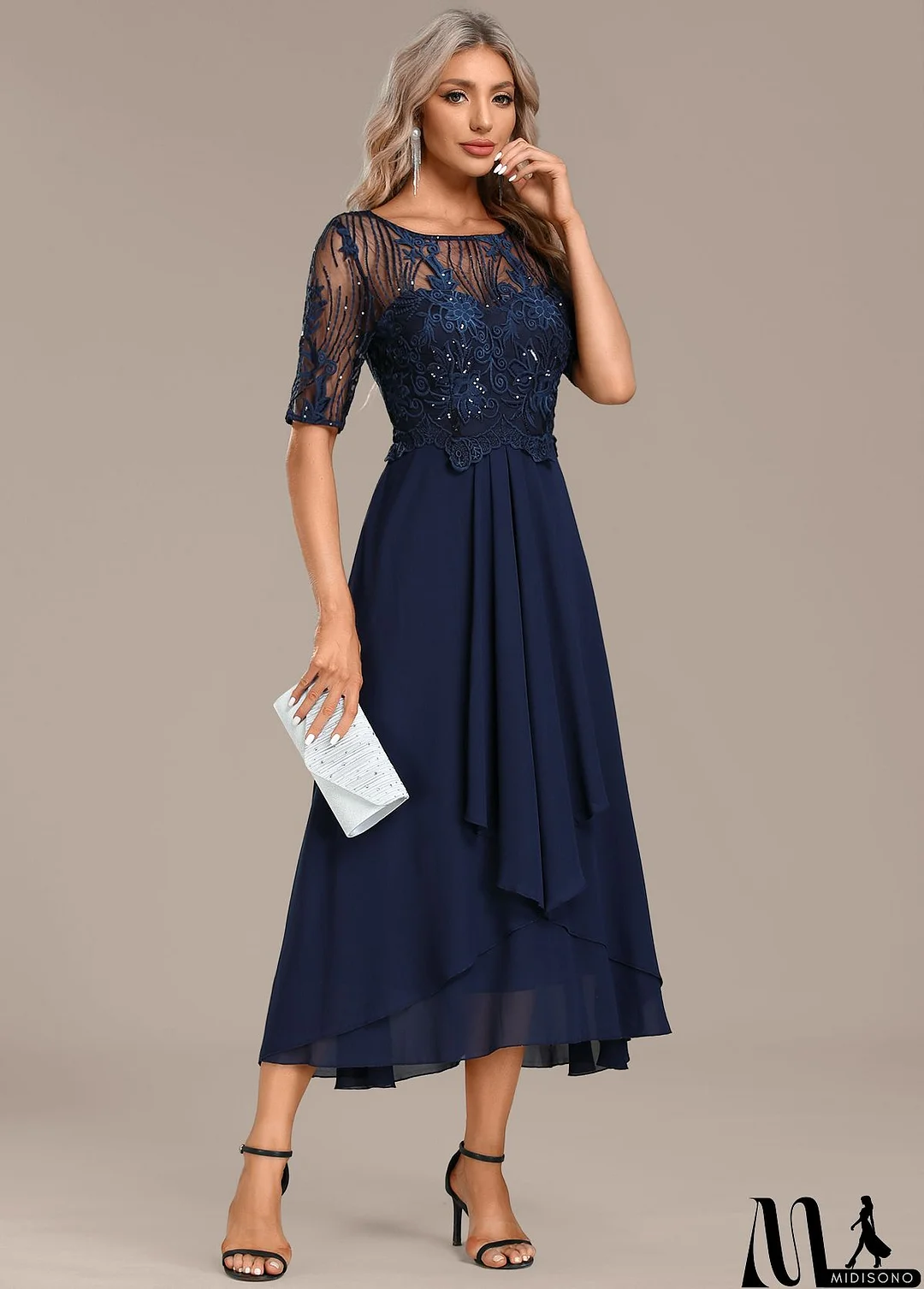 MidiSono - Navy Lace Short Sleeve Round Neck Dress