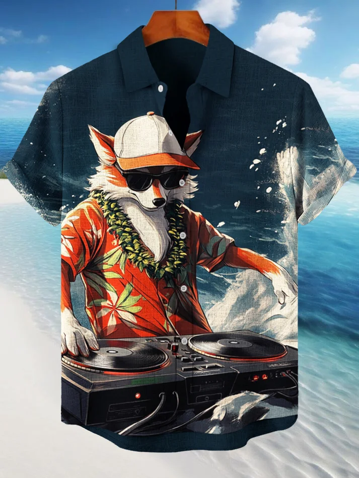 Men's Fox Vacation Beach Playing CD Rock Print Short Sleeve Shirt