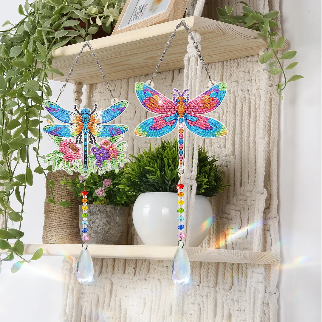 2Pcs Dragonfly DIY Acrylic Diamond Painting Art Wind Chimes with Crystal Pendant Diamond Art Hanging Pendant Double-Sided for Adults Beginners Gift Home Garden Decor