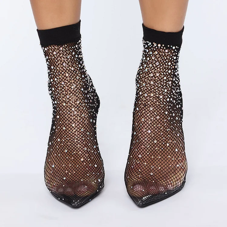 Black Net Booties Pointy Toe Stiletto Heel Rhinestone Ankle Boots |FSJ Shoes