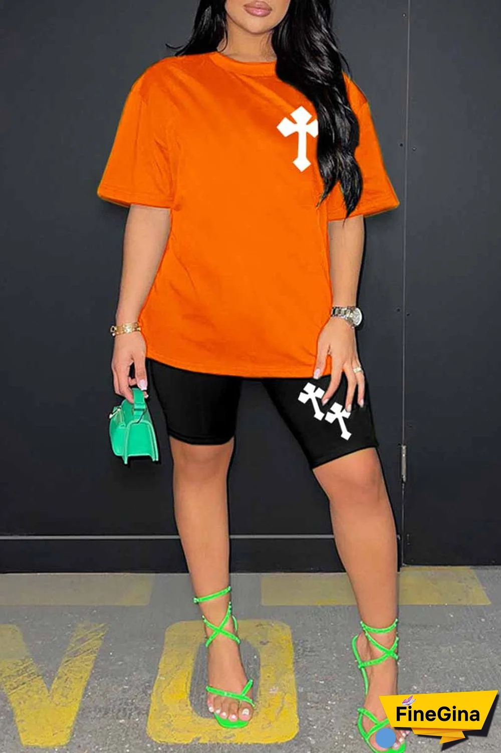 Blue Casual Print Patchwork O Neck Short Sleeve Two Pieces