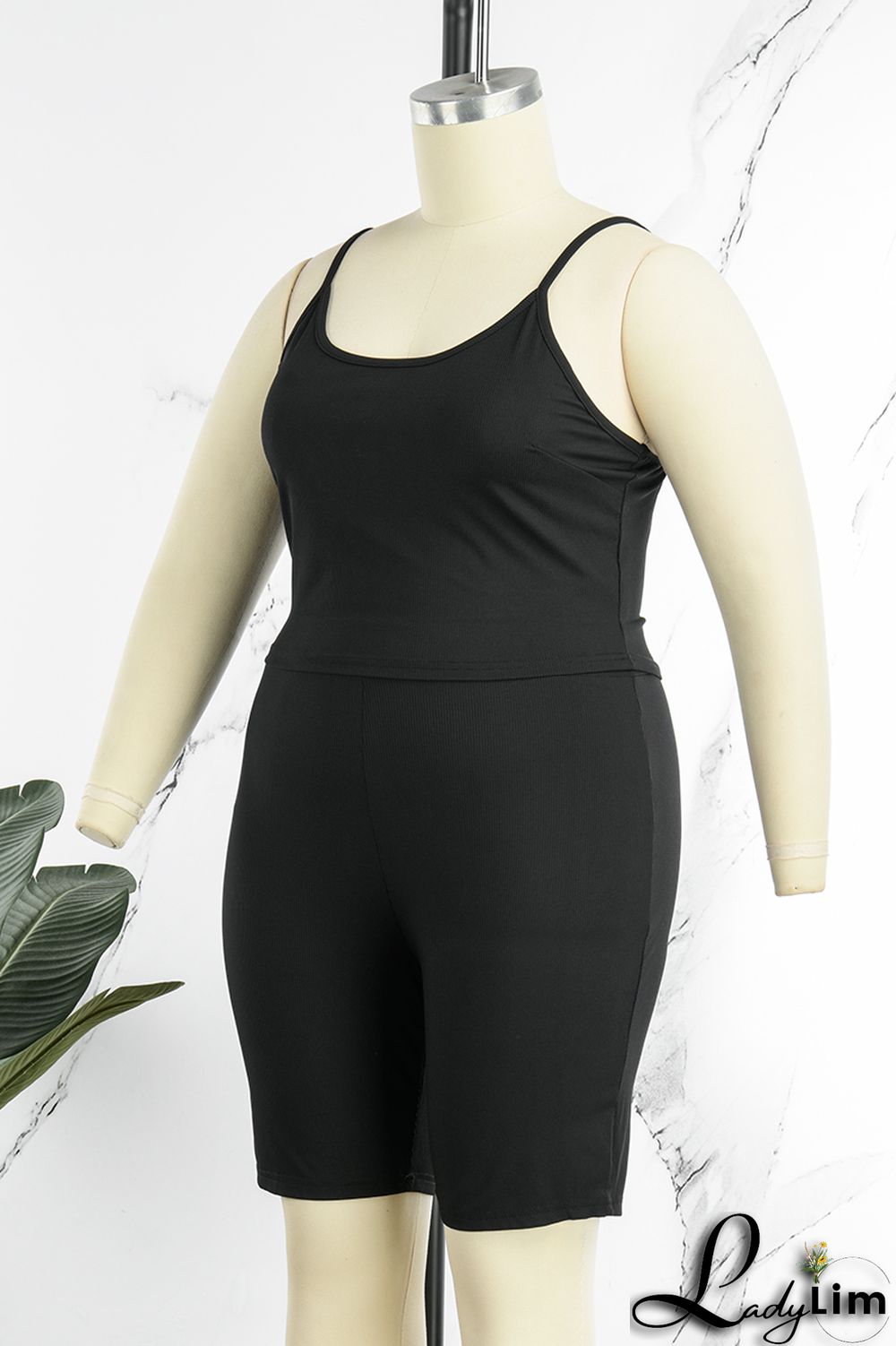 Black Sexy Casual Solid Backless Spaghetti Strap Plus Size Two Pieces