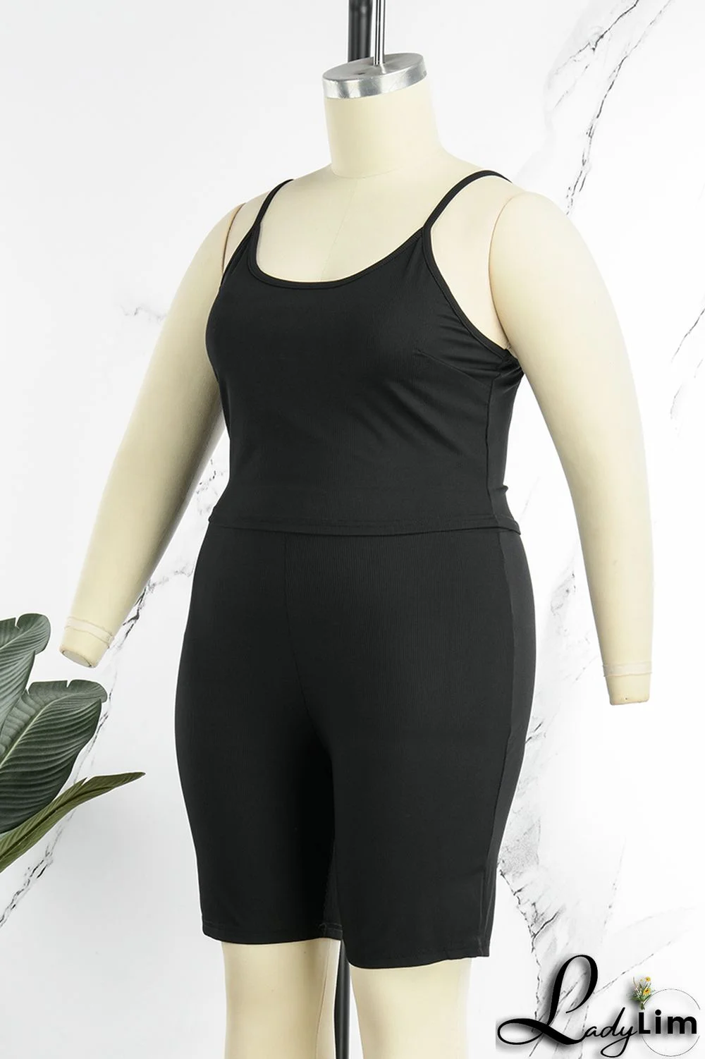 Black Sexy Casual Solid Backless Spaghetti Strap Plus Size Two Pieces