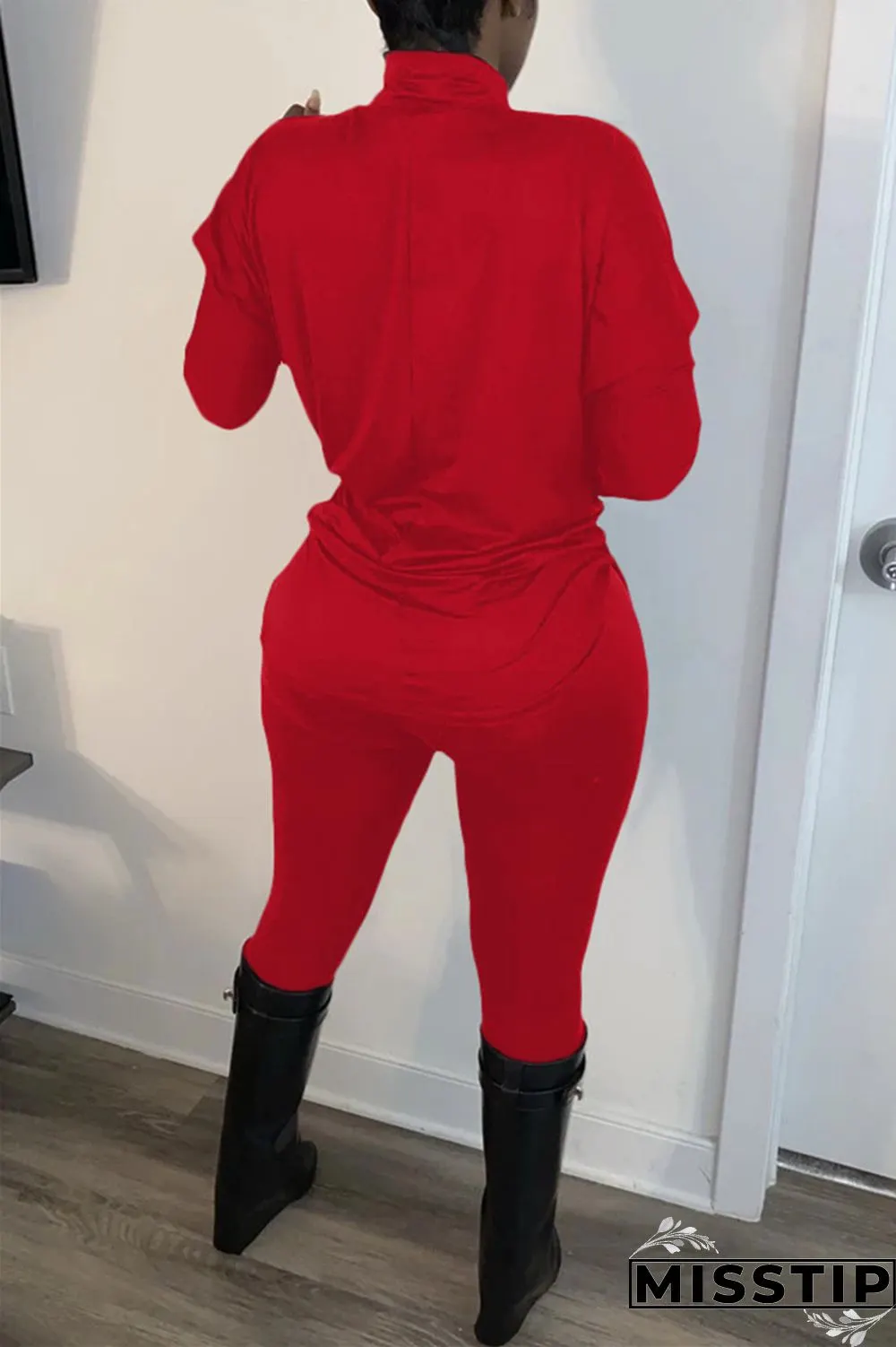 rose red Fashion Casual Solid Turtleneck Long Sleeve Regular Sleeve Regular Two Pieces