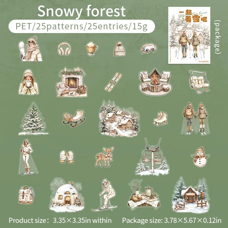 Journalsay Let’s Watch The Snow Together Series Vintage Winter Character Landscaping PET Sticker