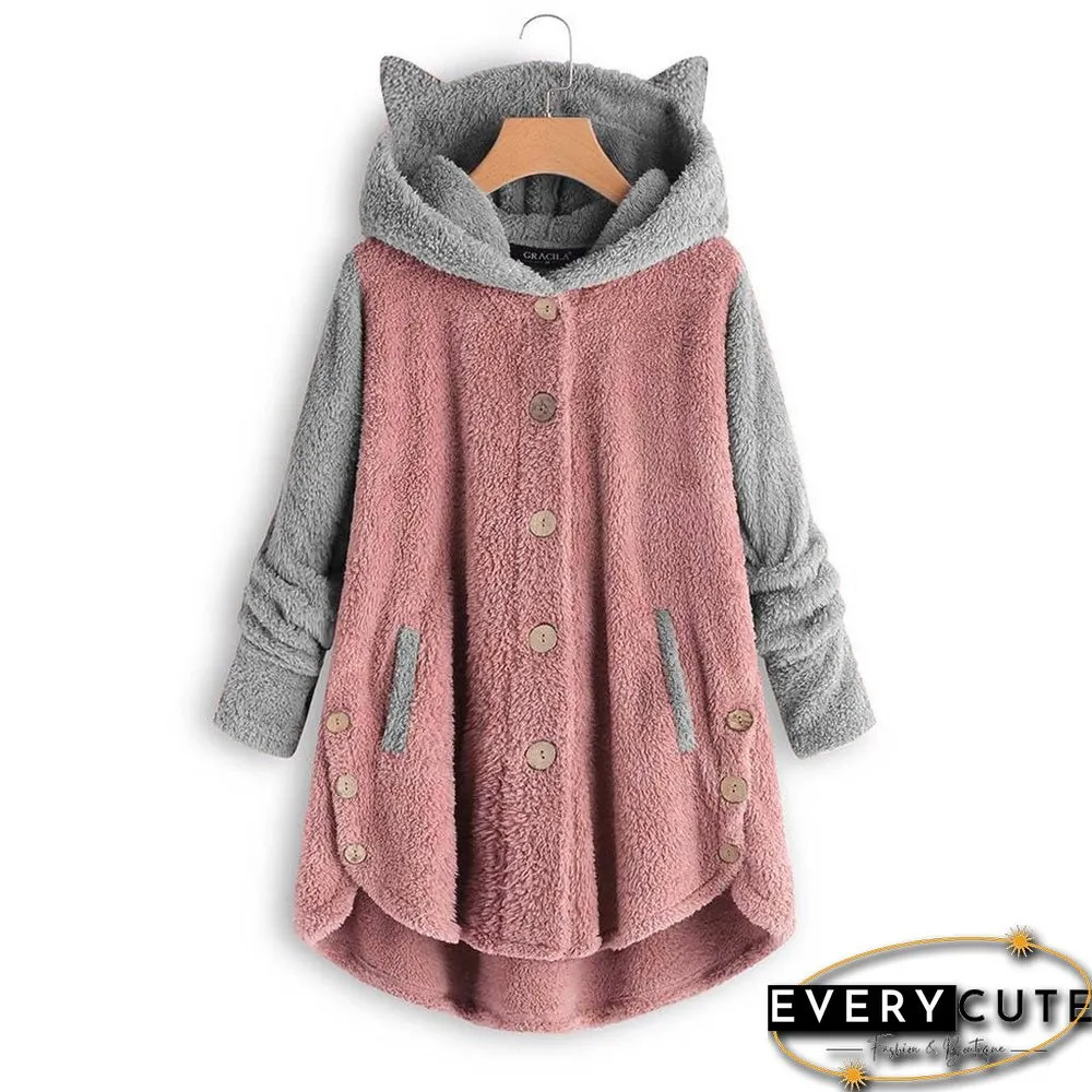 Autumn And Winter Button Hooded Cat Ears Plush Top Irregular Color Matching Coat Women