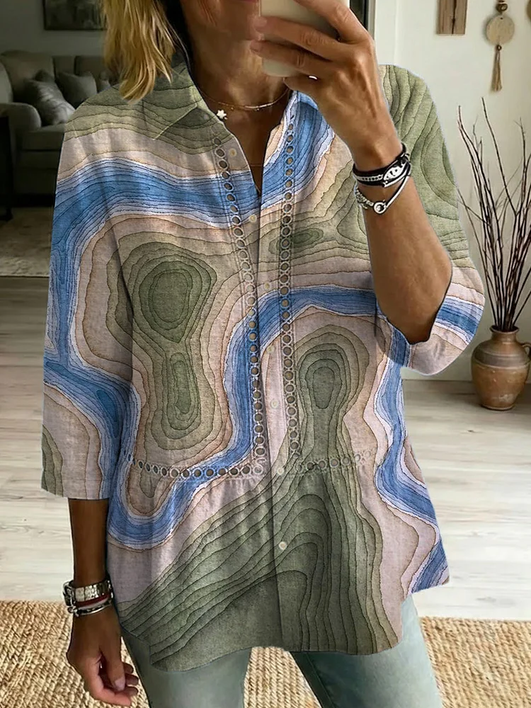 Casual Cotton-linen Shirt With Abstract Art Pattern, Patchwork, Cutouts, And Webbing Trim