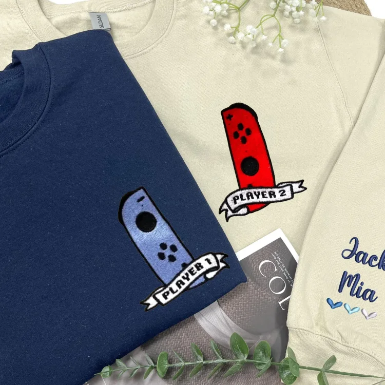 Matching Couple Sweatshirt with Player 1 and Player 2 Embroidery, Couple Crewneck, Personalized Anniversary Shirt, First Year Anniversary