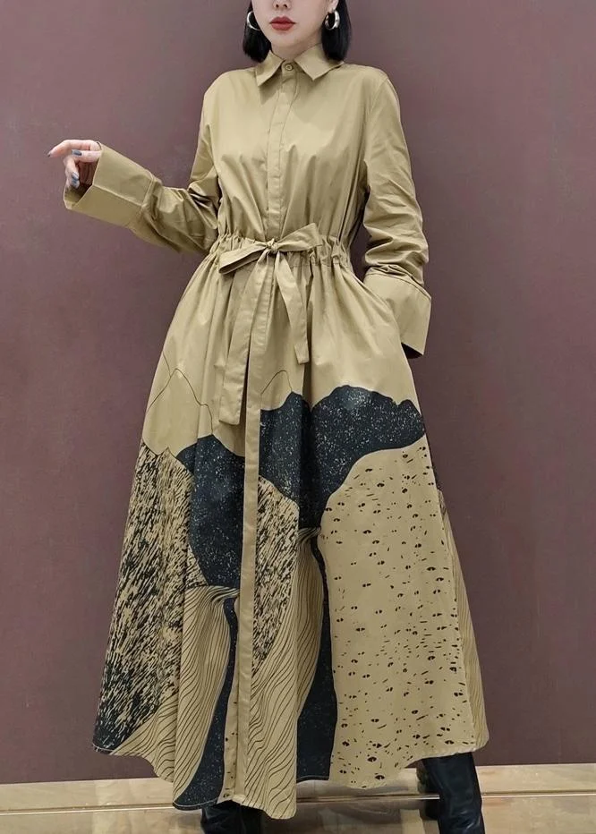 Chic Khaki Print Tunics Lapel Drawstring Robes Spring Dresses