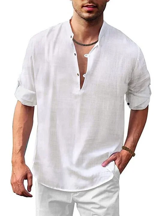 Men's Linen Half Placket Button Long Sleeve Casual Beach Shirt