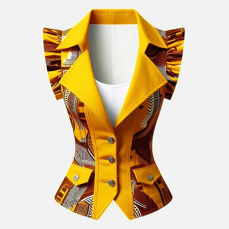 Ursime Patterned Lapel Collar Three Button Ruffle Cap Sleeve Jacket