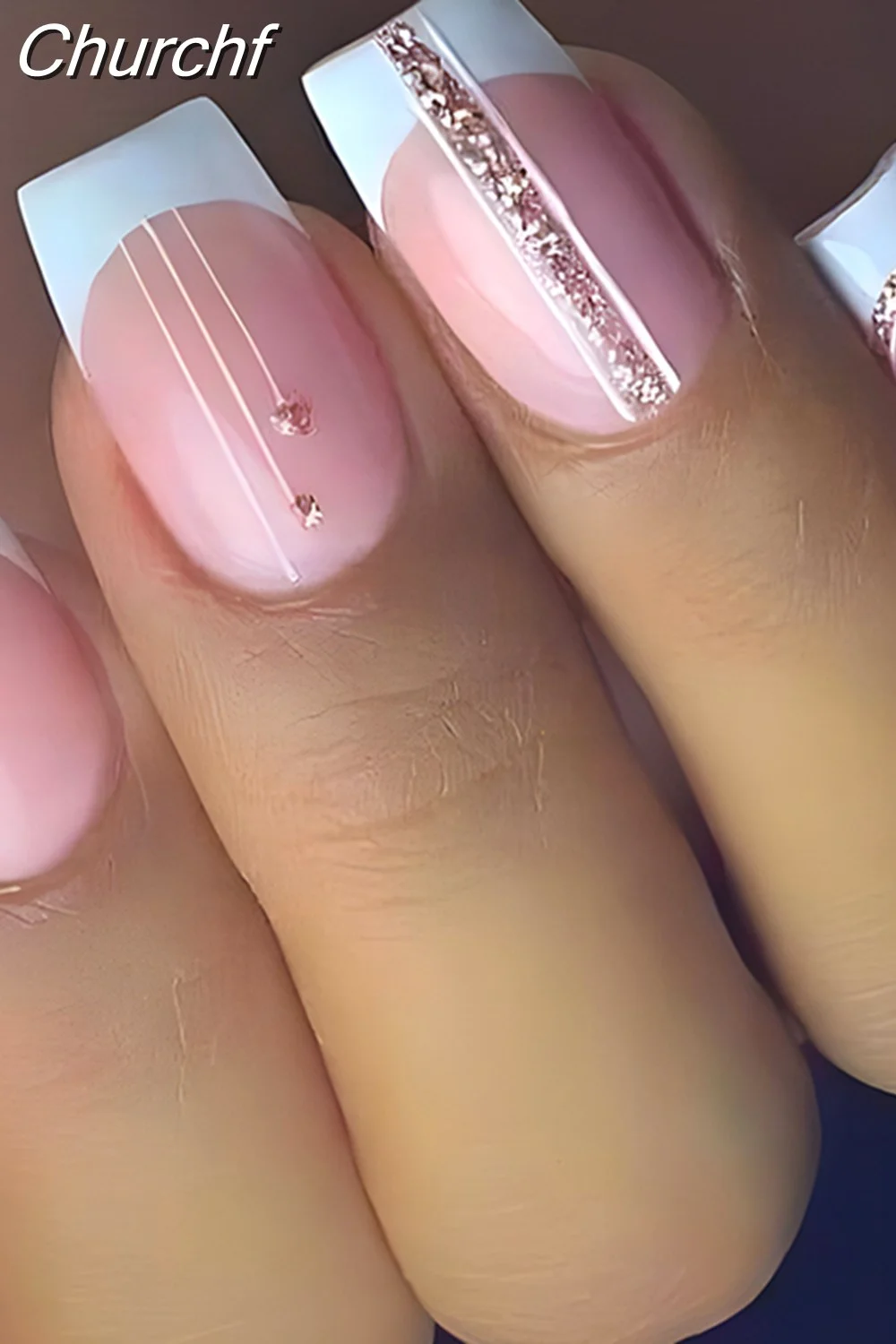 Churchf Drill False Nails Set Simple French Short Square Head Nails Manicure Fashion Full Cover Fake Nail Tips Press on Nails-Nail Inspo