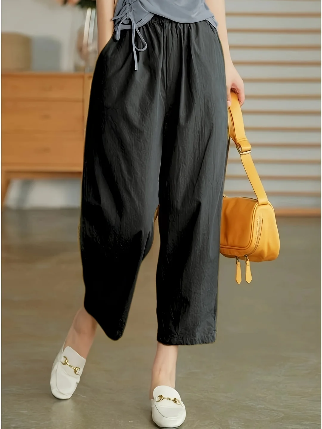 Women's Elegant Solid Color 8/9/10/11/12th Gen Casual Straight Leg Pants, Black, With Pockets, Elastic Waist, Polyester, Perfect For Summer Shopping And Vacation | IFYHOME