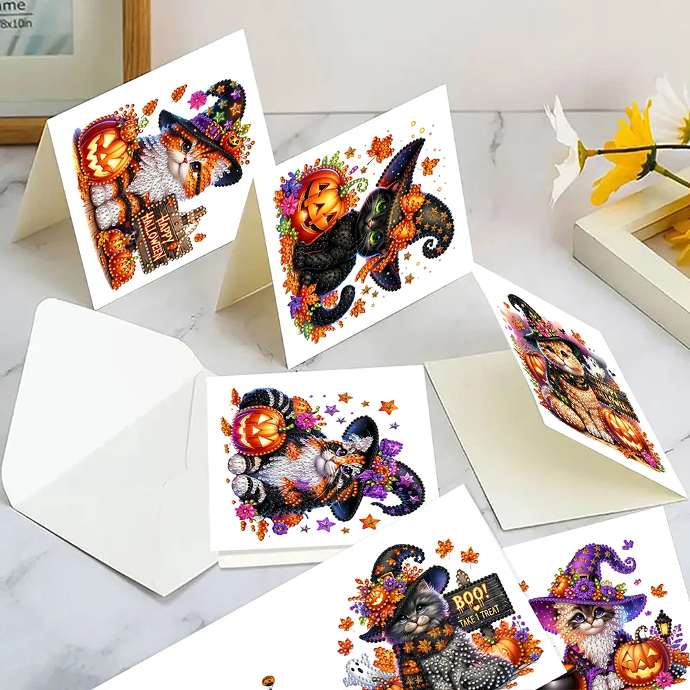 6PCS DIY Halloween Cat Diamond Art Greeting Cards for Halloween and Holidays
