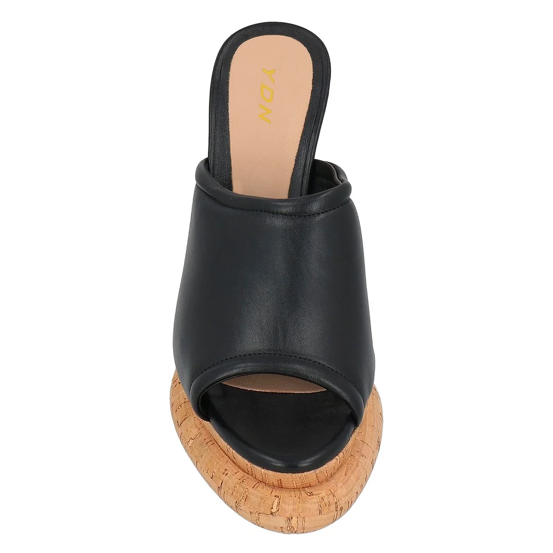 Casual Black Peep Toe Platform Chunky High Heel Mules for Women