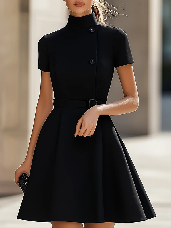 High Neck Belted Waist Button Solid Color Mini Dress