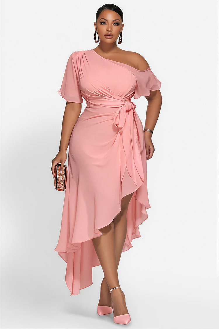Xpluswear Design Plus Size Cocktail Party Elegant Pink Oblique Collar Short Sleeve Ruffle Wrap Chiffon Midi Dresses [Pre-Order] 2024 - Xpluswear