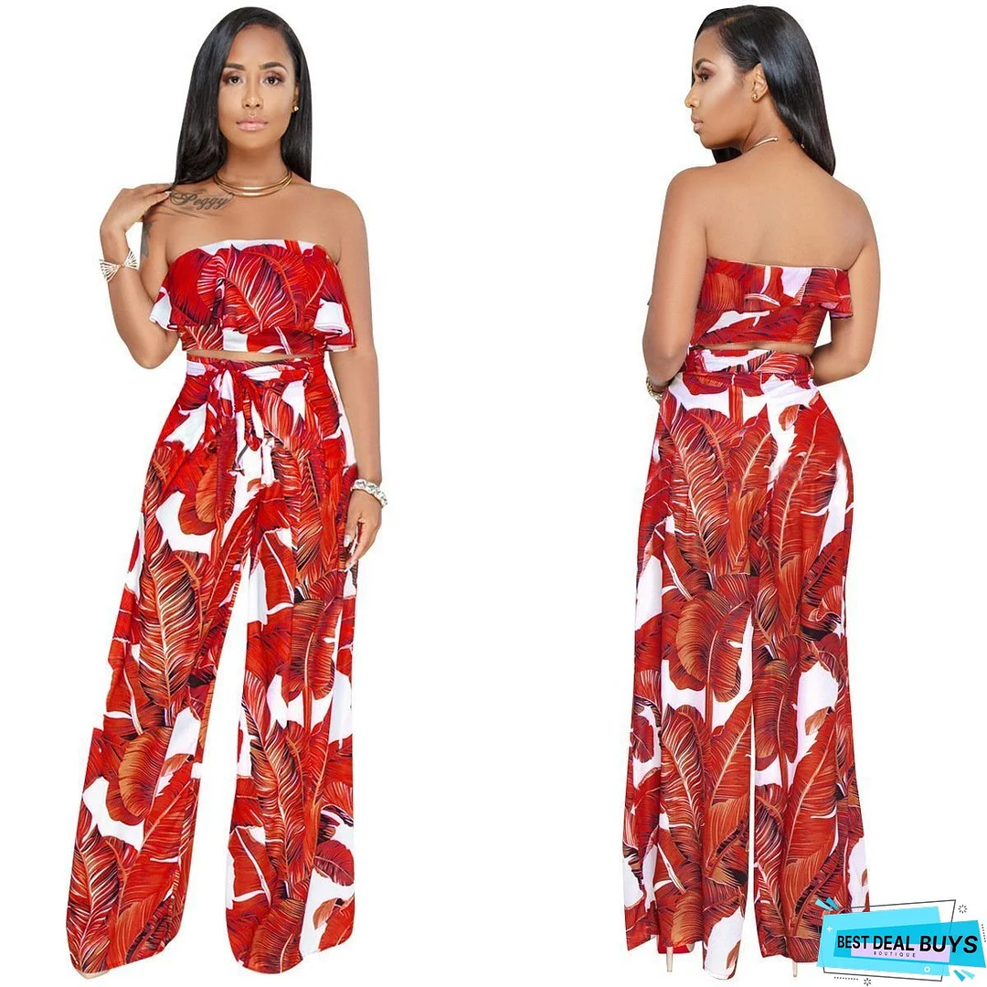 SEXY PRINTING STRAPLESS FLOUNCE TOP WIDE-LEG TROUSERS SUIT