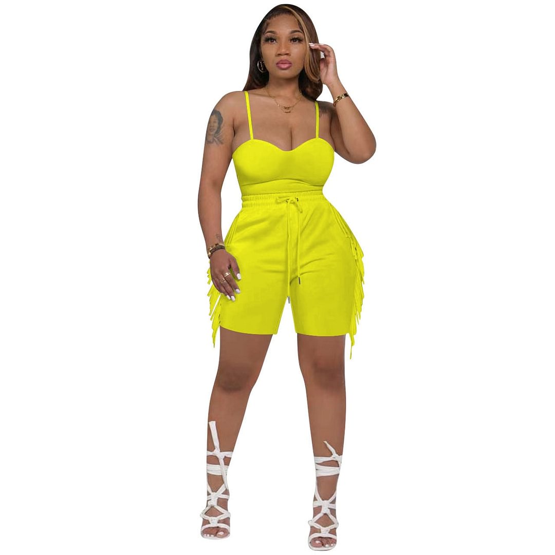 CM.YAYA Loungewear for Women 2 Piece Set 2022 Summer Tassel Shorts and Spaghetti Strap Tops Matching Sweatsuit Workout Tracksuit