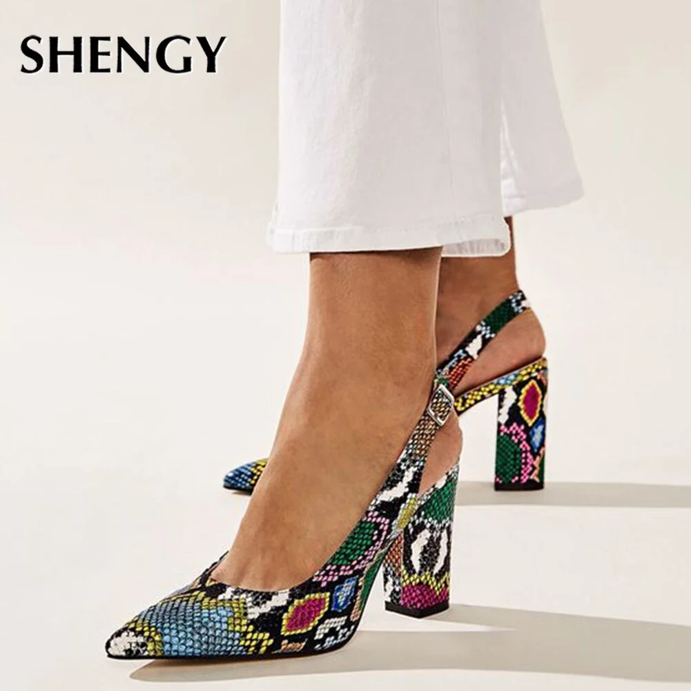 SHENGY High Heels 2020 New INS HOT Design Multi Snake Printed Summer Sandals Woman Shoes Party Lady Female Office Shoes