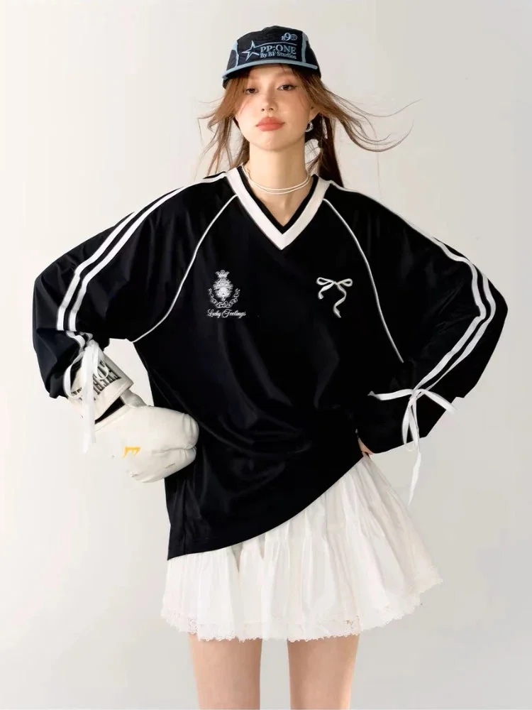 Toloer Stripe Bow Oversized V-neck Black Jersey Long Sleeve Top-Outfit Ideas
