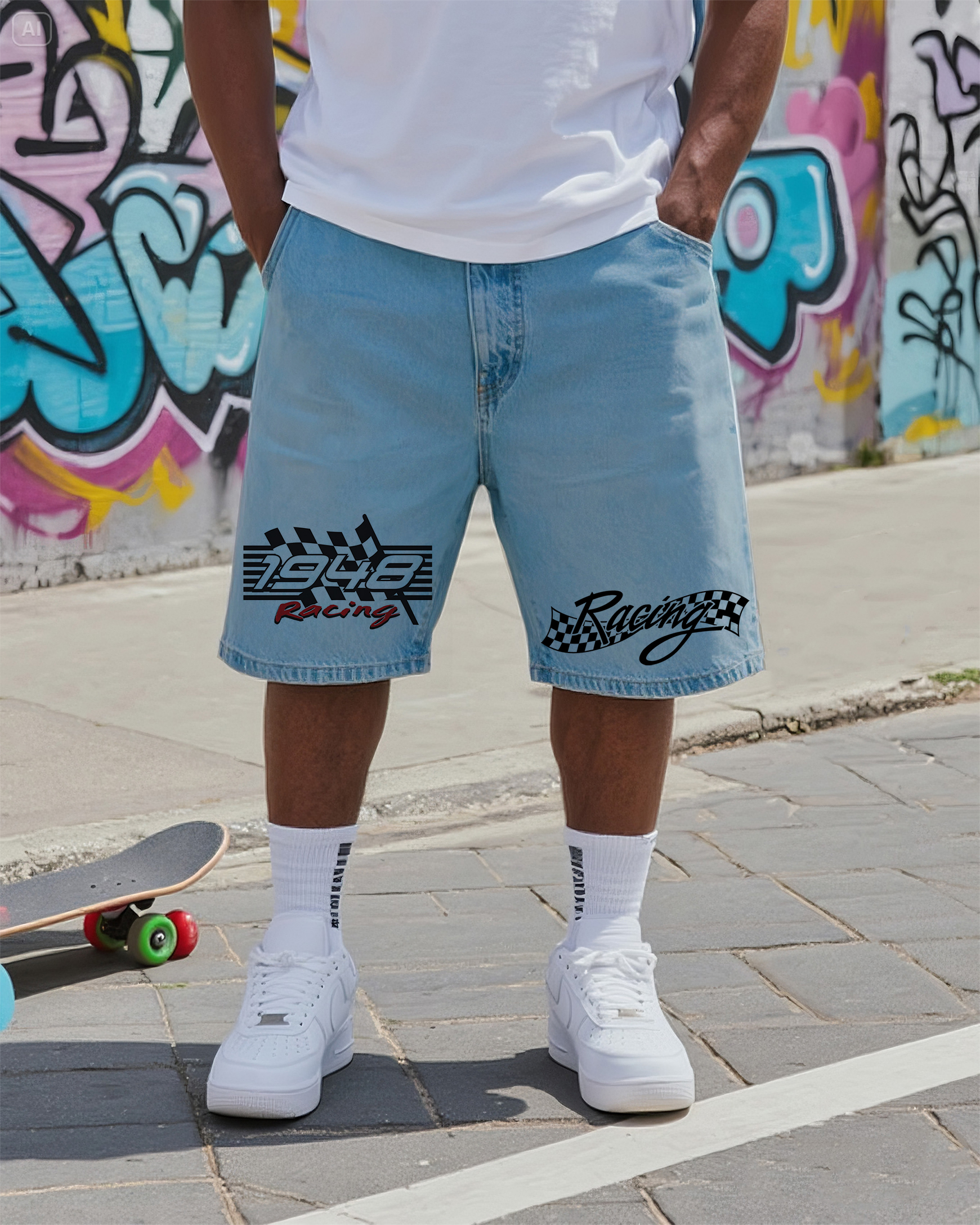 Big & Tall Men's Street Graffiti Racing Cool Figure Denim Shorts