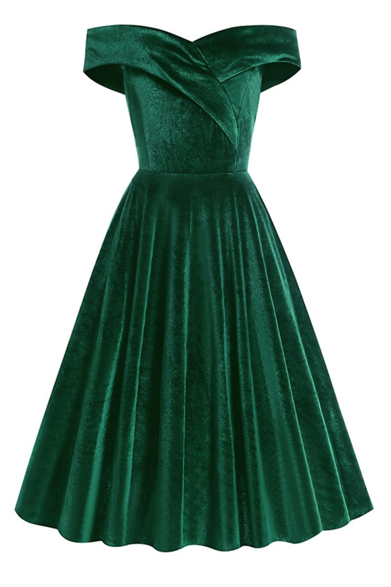 1950s Green Retro Off Shoulder Large Swing Solid Midi Dress