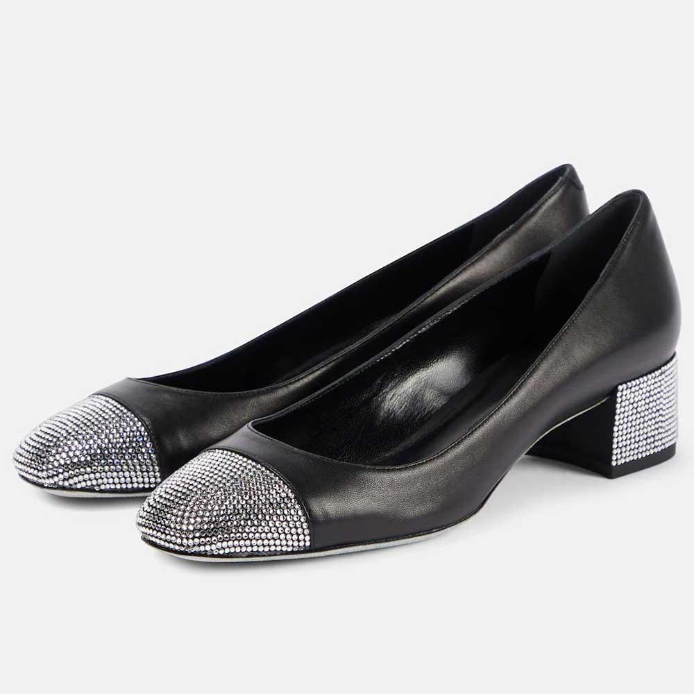 Black Rhinestone Square Toe Chunky Heel Embellished Decorative Pumps Nicepairs