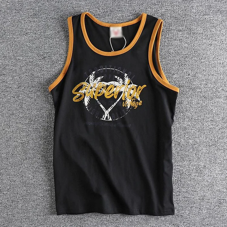 Men's Vintage Lettered Coconut Print Cotton Tank Top