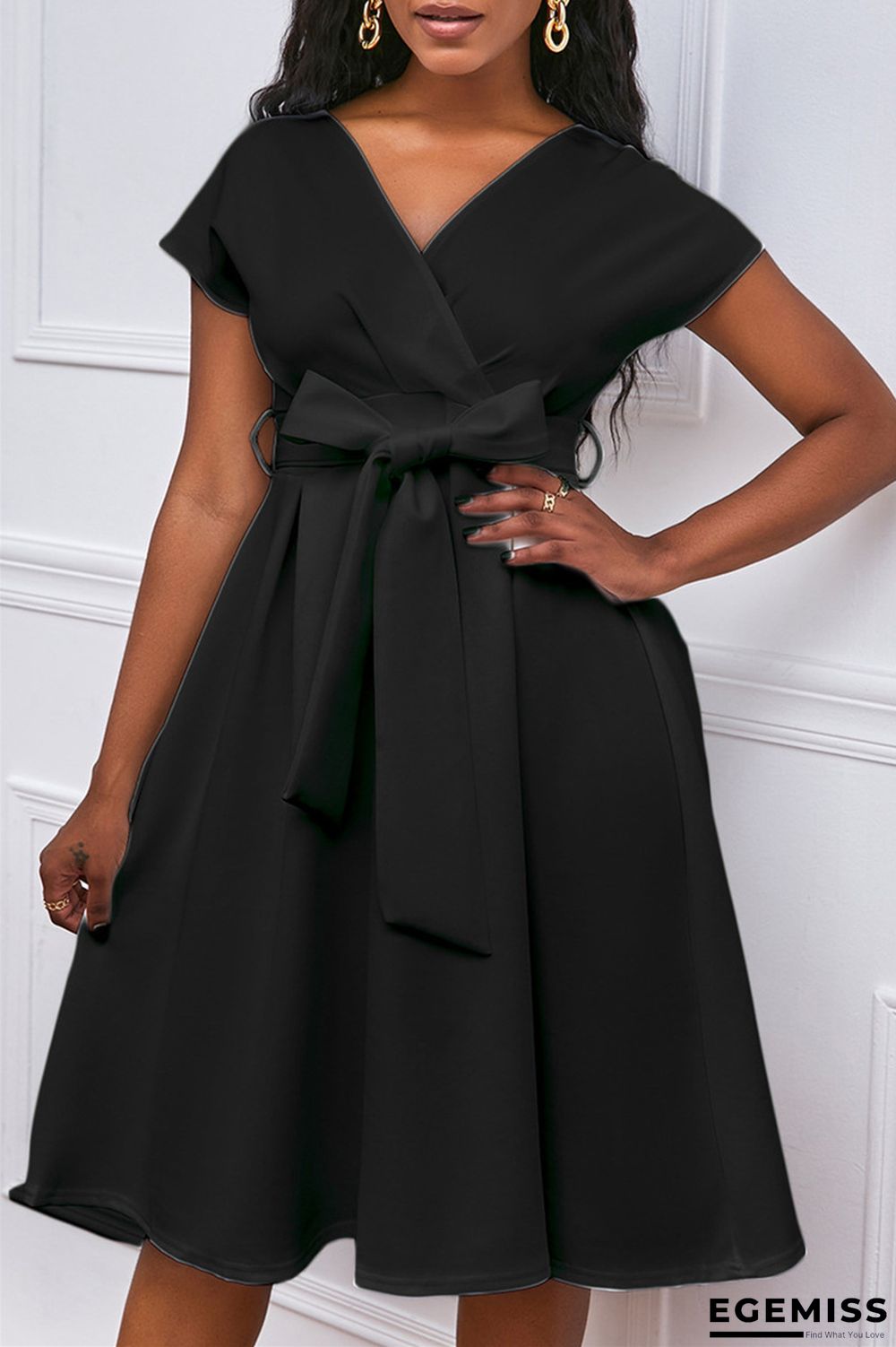 Black Fashion Casual Solid With Bow V Neck A Line Dresses | EGEMISS