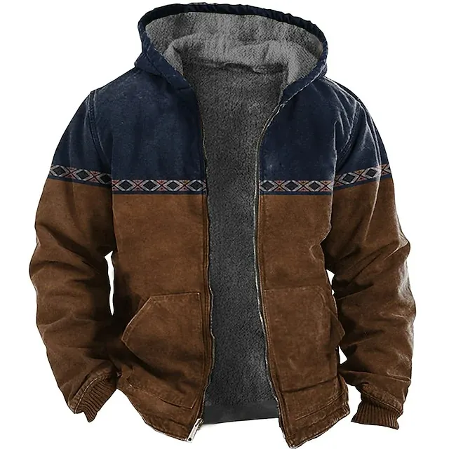 Men's Vintage Ethnic Print Fleece Zipper Tactical Shirt Jacket