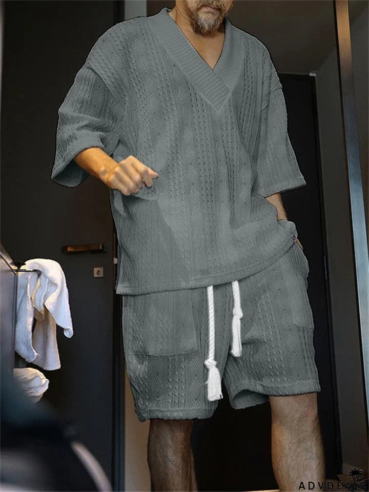 Men's Cozy Solid Color Knitting Shirt & Shorts Set